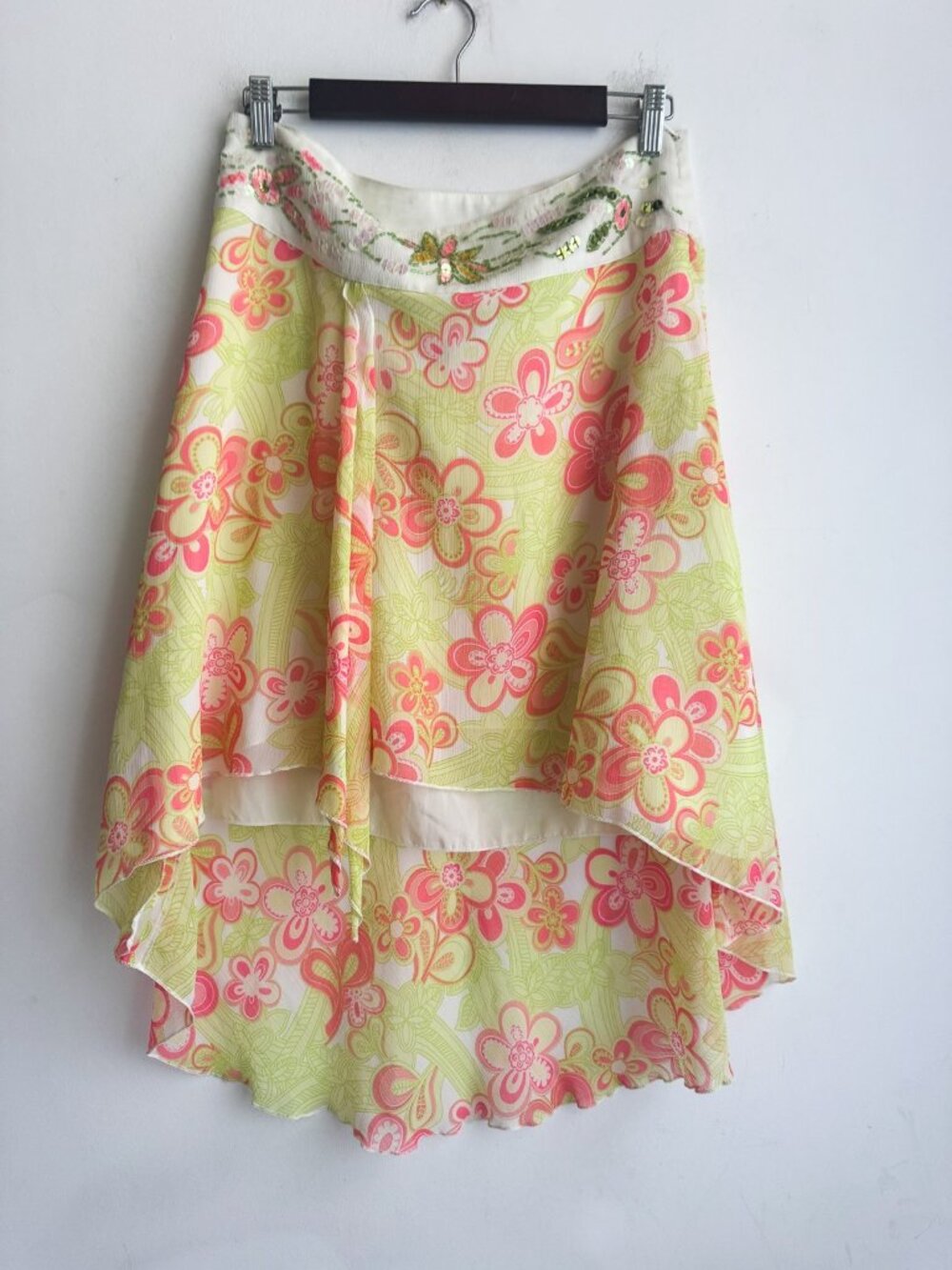 Vintage Y2K Green Pink Floral Sequin Beaded High Low Skirt Lizzy McGuire 8 - Picture 2 of 9